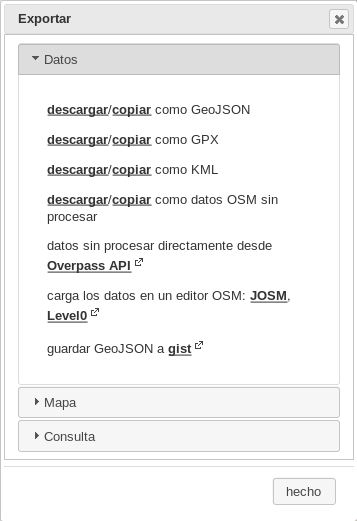 La ventana Exportar ofrece opción de exportar los datos de la consulta, una imagen con el mapa y los resultados o la propia consulta