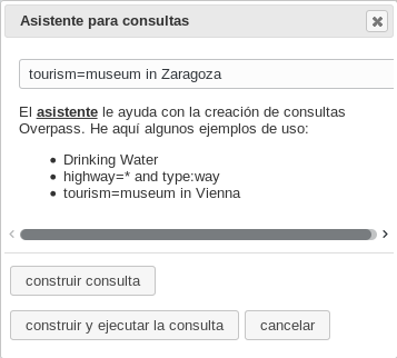 El asistente de Overpass Turbo permite introducir nuestra búsqueda y ofrece también ejemplos de ayuda.