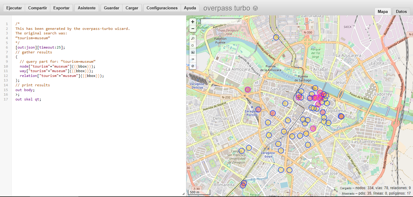 Captura de pantalla de Overpass Turbo. La mitad izquierda muestra la consulta en sintaxis Overpass. La mitad derecha, un mapa con los resultados de la consulta