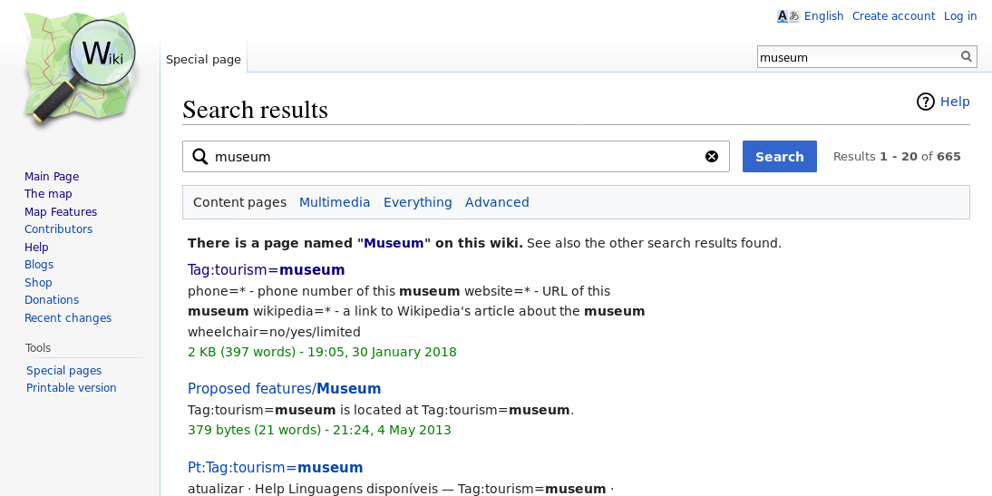 Resultados de búsqueda de la wiki. El primer resultado muestra que la combinación de clave y valor más habituales